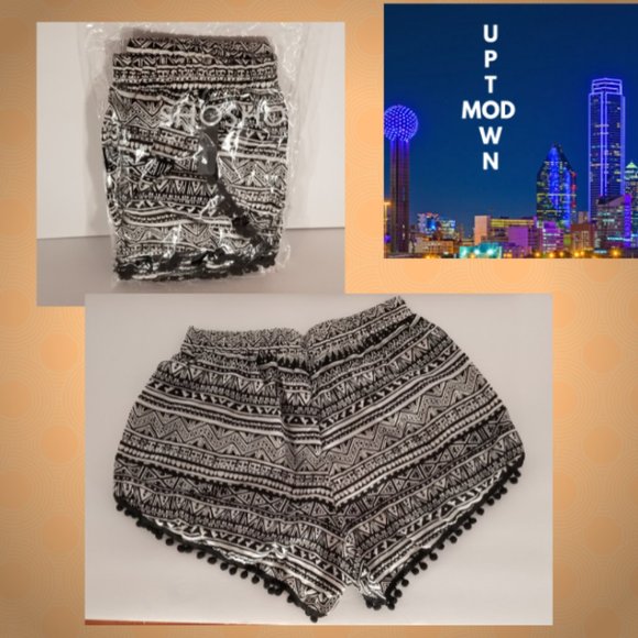 Women's Southwestern Black and White Pom=Pom Lounge Shorts - Picture 2 of 2